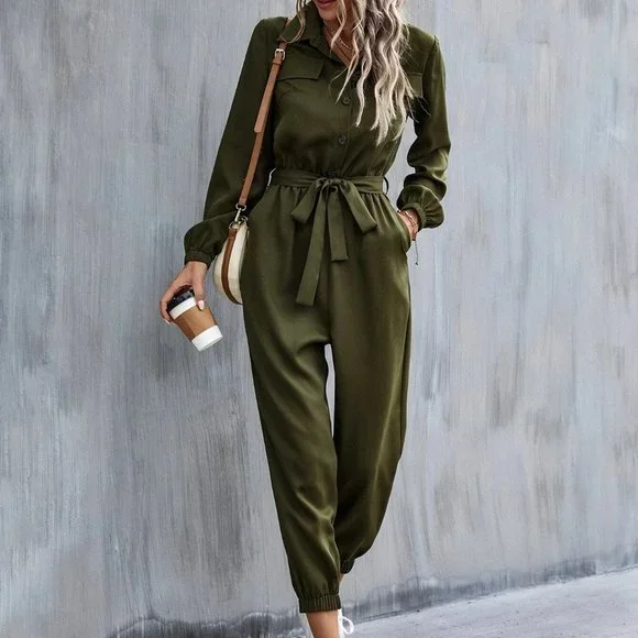 green belted jumpsuit casual classic trending - Picture 4 of 7